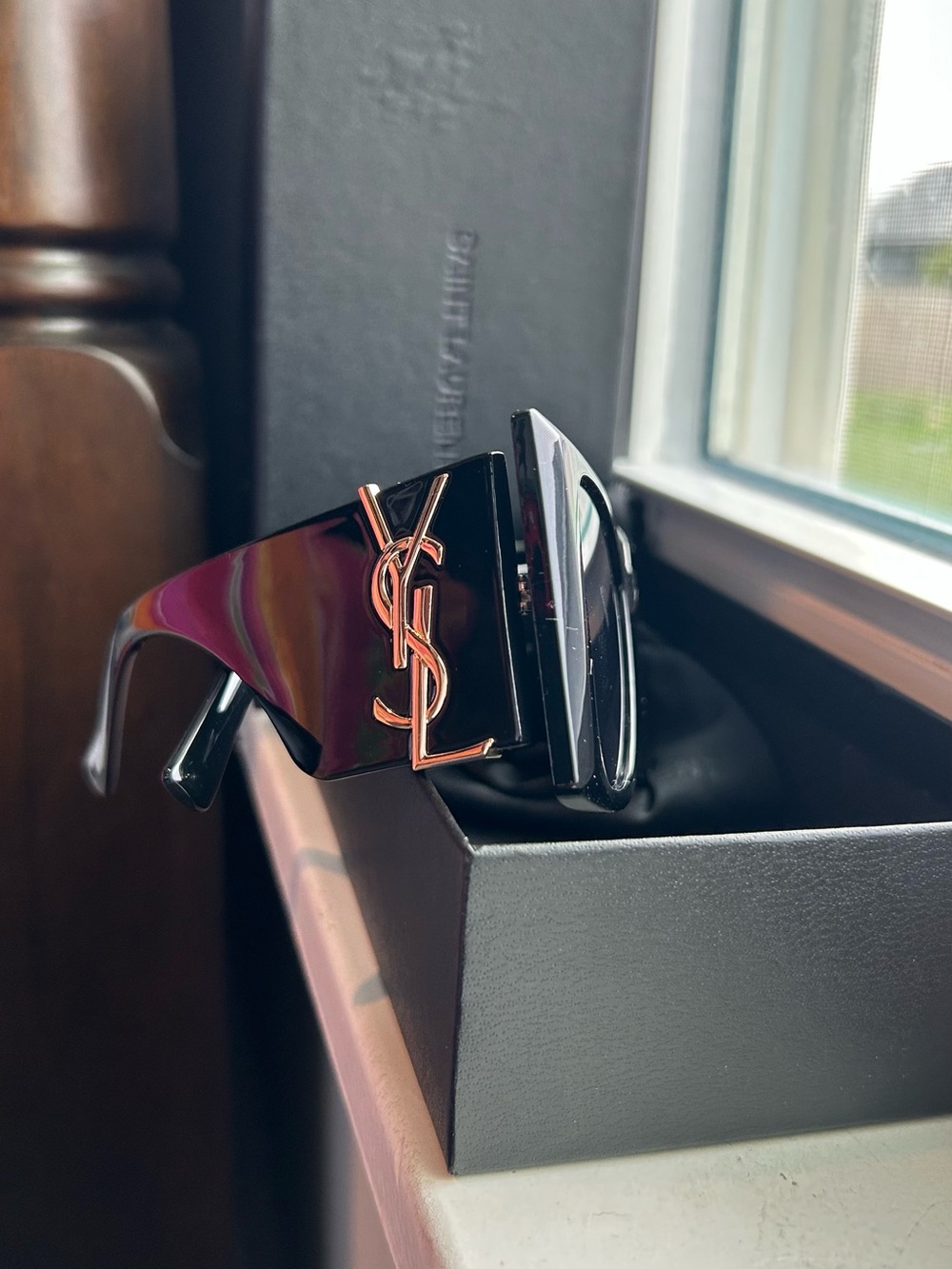 Saint Laurent Black Oversized Logo Shield Sunglasses